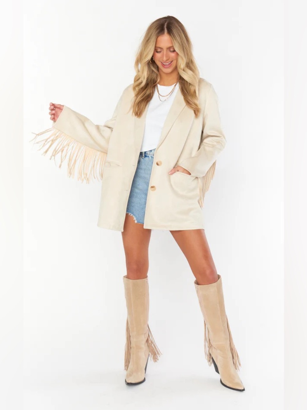 Show Me Your Mumu Sierra Fringe Jacket Faux Suede Cream Size Small